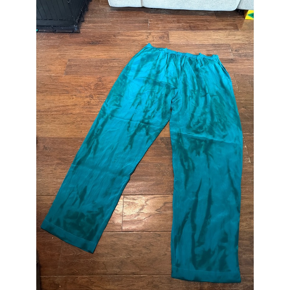 Vintage Silk Bijoux Teal Hand Dyed Silk Wide Leg Pants Large Elastic Waist - Picture 3 of 4